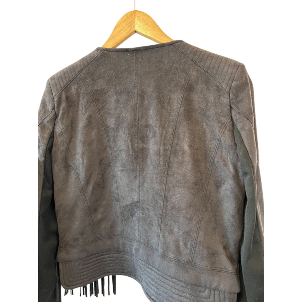 FATE Revolve Black Fringe Trim Faux Suede Asymmetrical Zip Lightweight Jacket S - Picture 6 of 10